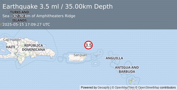 Earthquake 108 km NNE of Vieques, Puerto Rico (3.5 ml) (2025-05-15 17:09:27 UTC)