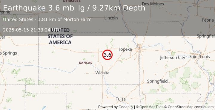Earthquake 5 km NNW of Herington, Kansas (3.6 mb_lg) (2025-05-15 21:33:24 UTC)
