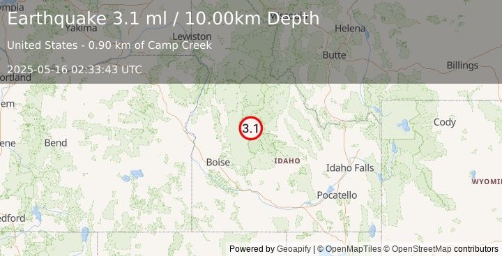 Earthquake 25 km NW of Stanley, Idaho (3.1 ml) (2025-05-16 02:33:43 UTC)
