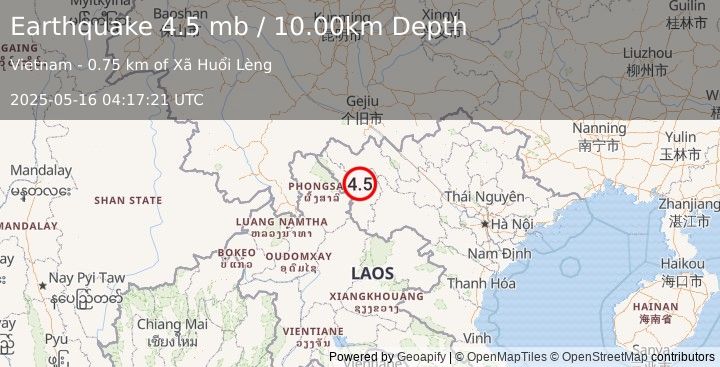 Earthquake 16 km S of Mường Lay, Vietnam (4.5 mb) (2025-05-16 04:17:21 UTC)