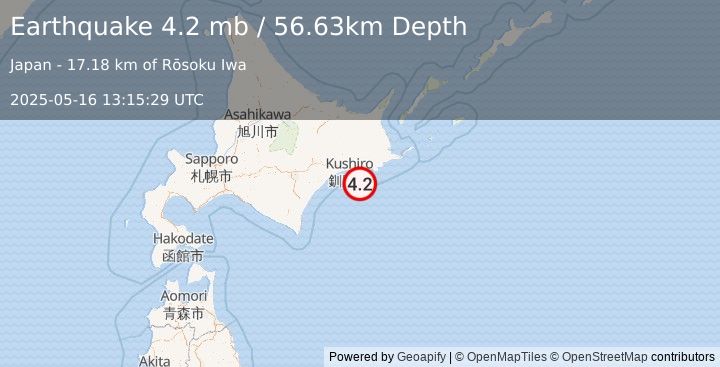 Earthquake 28 km SE of Kushiro, Japan (4.2 mb) (2025-05-16 13:15:29 UTC)