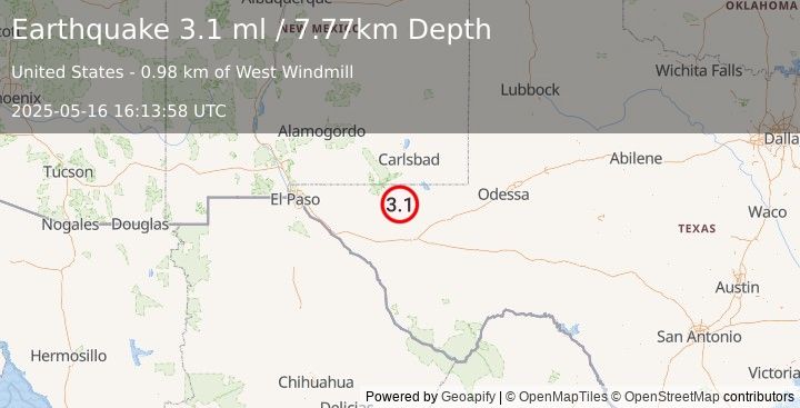 Earthquake 55 km S of Whites City, New Mexico (3.1 ml) (2025-05-16 16:13:58 UTC)
