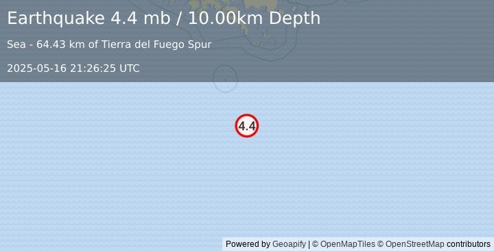 Earthquake 278 km S of Ushuaia, Argentina (4.4 mb) (2025-05-16 21:26:25 UTC)