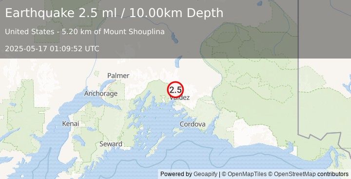 Earthquake 20 km NNW of Valdez, Alaska (2.5 ml) (2025-05-17 01:09:52 UTC)