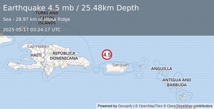 Earthquake 75 km N of Isabela, Puerto Rico (4.5 mb) (2025-05-17 03:24:17 UTC)