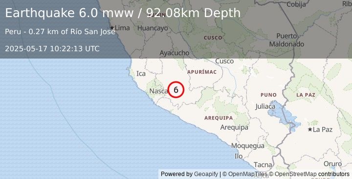 Earthquake 6 km W of San Pedro, Peru (6.0 mww) (2025-05-17 10:22:13 UTC)