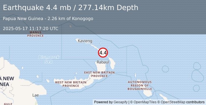 Earthquake 79 km N of Rabaul, Papua New Guinea (4.4 mb) (2025-05-17 11:17:20 UTC)
