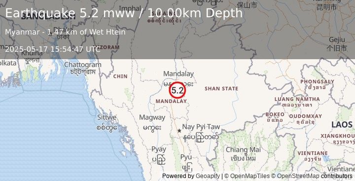 Earthquake 21 km SSW of Kyaukse, Burma (Myanmar) (5.2 mww) (2025-05-17 15:54:47 UTC)