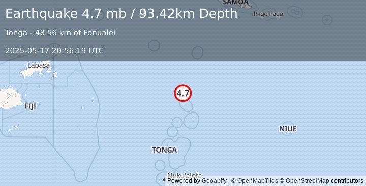 Earthquake 125 km NNW of Neiafu, Tonga (4.7 mb) (2025-05-17 20:56:19 UTC)