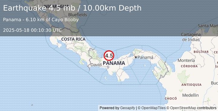 Earthquake 38 km E of Tobobe, Panama (4.5 mb) (2025-05-18 00:10:30 UTC)