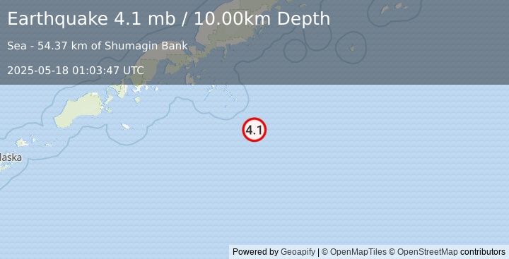 Earthquake 158 km SE of Sand Point, Alaska (4.1 mb) (2025-05-18 01:03:47 UTC)