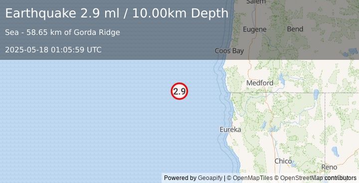 Earthquake 168 km W of Pistol River, Oregon (2.9 ml) (2025-05-18 01:05:59 UTC)