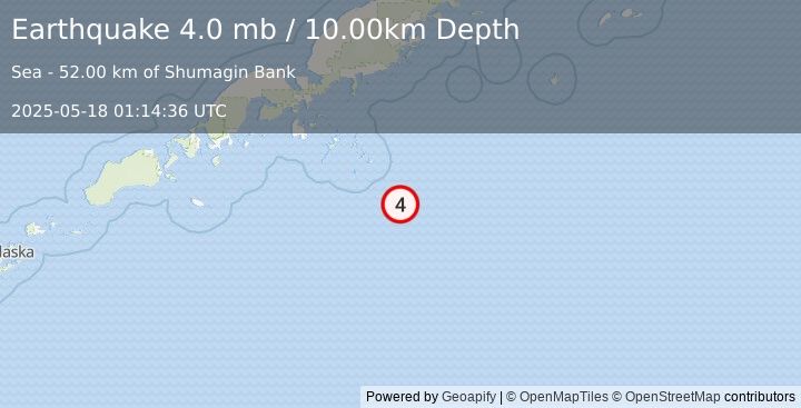 Earthquake 155 km SE of Sand Point, Alaska (4.0 mb) (2025-05-18 01:14:36 UTC)