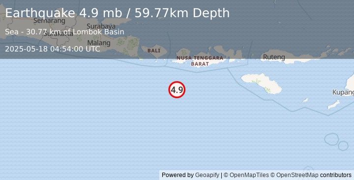 Earthquake 149 km S of Lembar, Indonesia (4.9 mb) (2025-05-18 04:54:00 UTC)
