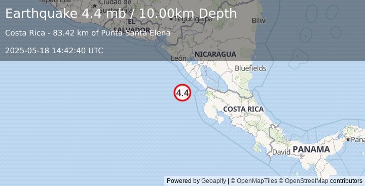 Earthquake 94 km SSW of Masachapa, Nicaragua (4.4 mb) (2025-05-18 14:42:40 UTC)