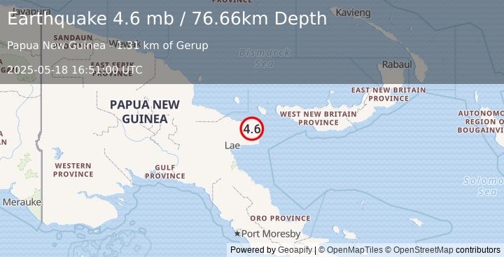 Earthquake 45 km NNW of Finschhafen, Papua New Guinea (4.6 mb) (2025-05-18 16:51:00 UTC)