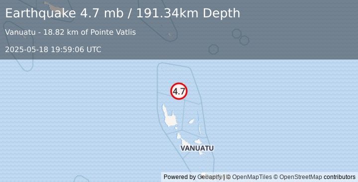 Earthquake 35 km SW of Sola, Vanuatu (4.7 mb) (2025-05-18 19:59:06 UTC)