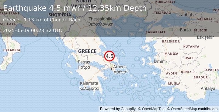 Earthquake 8 km E of Prokópi, Greece (4.5 mwr) (2025-05-19 00:23:32 UTC)