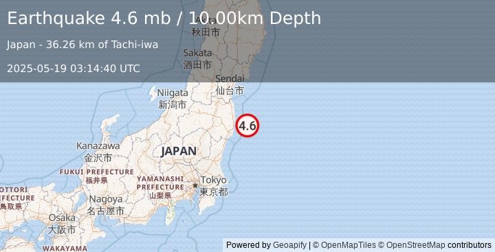 Earthquake 39 km ESE of Tomioka, Japan (4.6 mb) (2025-05-19 03:14:40 UTC)