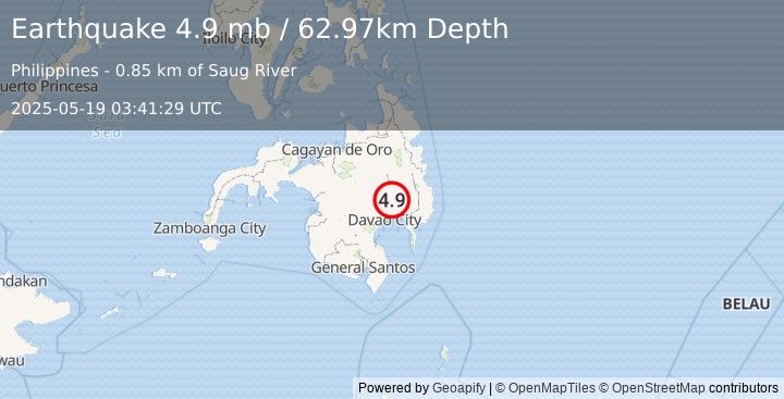 Earthquake 1 km SSE of Pagsabangan, Philippines (4.9 mb) (2025-05-19 03:41:29 UTC)