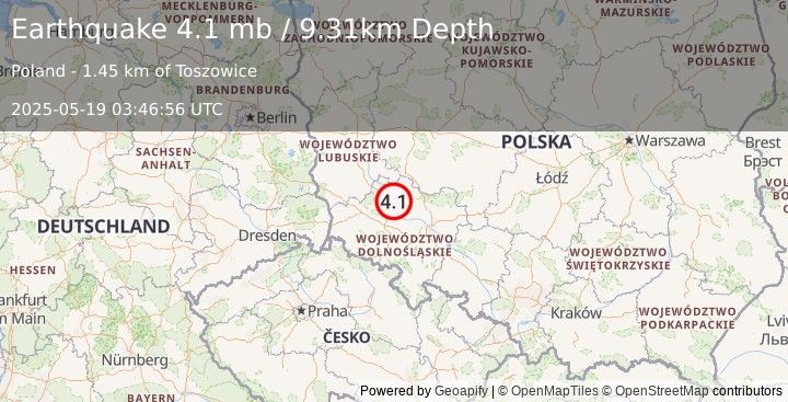 Earthquake 3 km SSE of Rudna, Poland (4.1 mb) (2025-05-19 03:46:56 UTC)