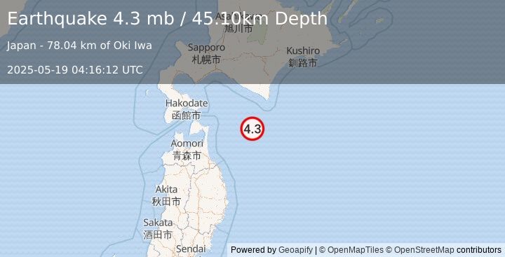 Earthquake 92 km S of Honchō, Japan (4.3 mb) (2025-05-19 04:16:12 UTC)