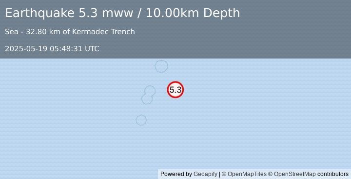 Earthquake Kermadec Islands, New Zealand (5.3 mww) (2025-05-19 05:48:31 UTC)