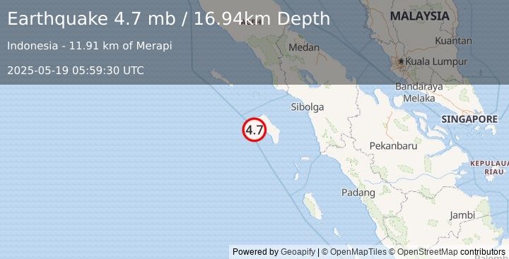 Earthquake 60 km WSW of Gunungsitoli, Indonesia (4.7 mb) (2025-05-19 05:59:30 UTC)