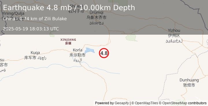 Earthquake 142 km E of Sishilichengzi, China (4.8 mb) (2025-05-19 18:03:13 UTC)