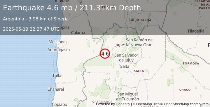 Earthquake 68 km WNW of San Antonio de los Cobres, Argentina (4.6 mb) (2025-05-19 22:27:47 UTC)