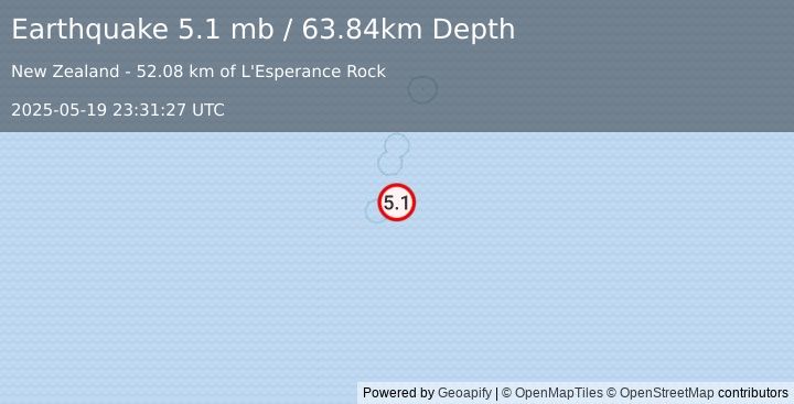 Earthquake Kermadec Islands region (5.1 mb) (2025-05-19 23:31:27 UTC)