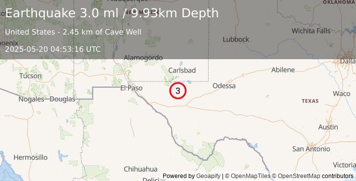 Earthquake 57 km S of Whites City, New Mexico (3.0 ml) (2025-05-20 04:53:16 UTC)