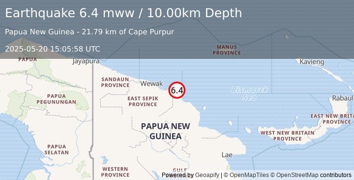 Earthquake 81 km ENE of Angoram, Papua New Guinea (6.4 mww) (2025-05-20 15:05:58 UTC)