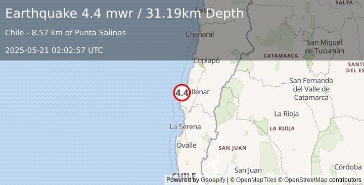 Earthquake 62 km W of Vallenar, Chile (4.4 mwr) (2025-05-21 02:02:57 UTC)
