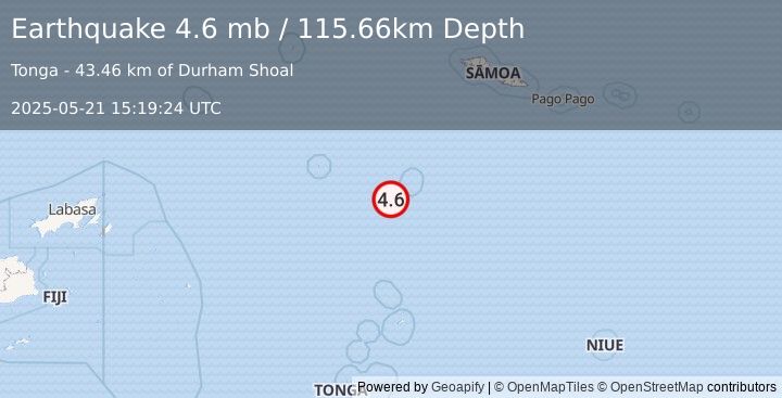 Earthquake 52 km SW of Hihifo, Tonga (4.6 mb) (2025-05-21 15:19:24 UTC)