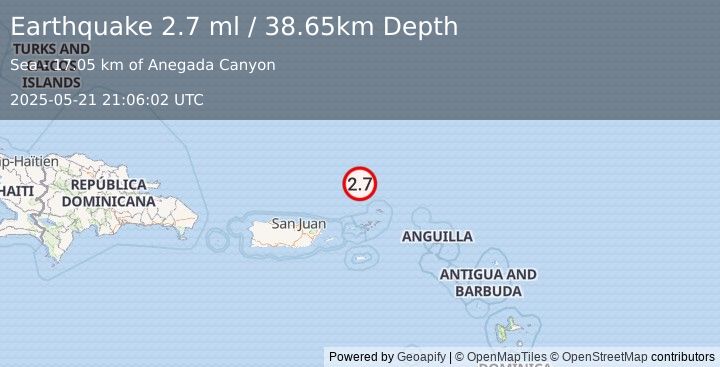 Earthquake 106 km N of Cruz Bay, U.S. Virgin Islands (2.7 ml) (2025-05-21 21:06:02 UTC)