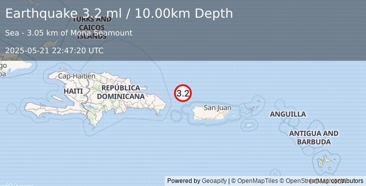 Earthquake 82 km NW of San Antonio, Puerto Rico (3.2 ml) (2025-05-21 22:47:20 UTC)