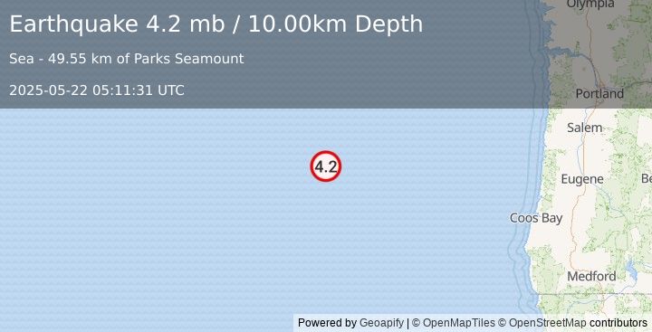 Earthquake off the coast of Oregon (4.2 mb) (2025-05-22 05:11:31 UTC)