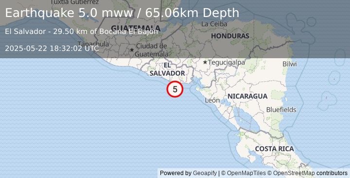 Earthquake 40 km S of Puerto El Triunfo, El Salvador (5.0 mww) (2025-05-22 18:32:02 UTC)