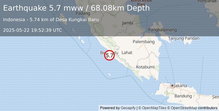Earthquake 22 km S of Bengkulu, Indonesia (5.7 mww) (2025-05-22 19:52:39 UTC)