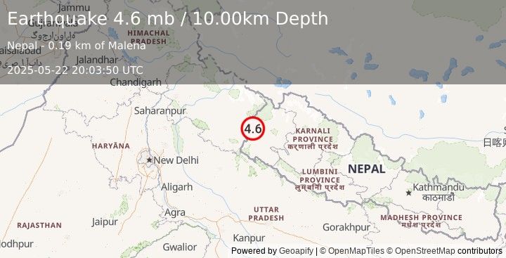 Earthquake 21 km NW of Dadeldhurā, Nepal (4.6 mb) (2025-05-22 20:03:50 UTC)