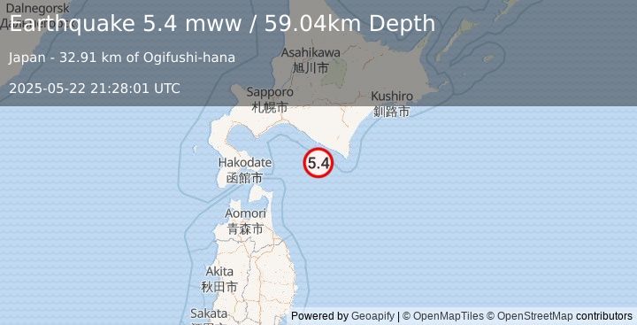 Earthquake 34 km SSW of Urakawa, Japan (5.4 mww) (2025-05-22 21:28:01 UTC)