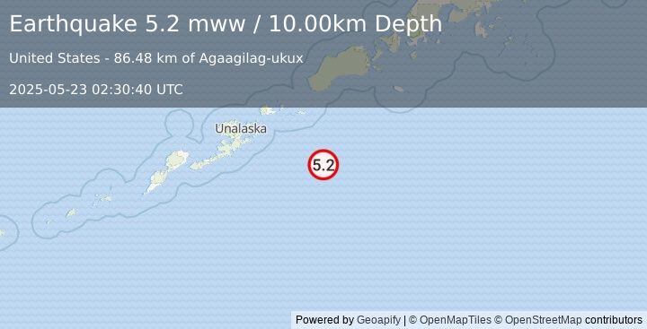 Earthquake 121 km SE of Akutan, Alaska (5.2 mww) (2025-05-23 02:30:40 UTC)