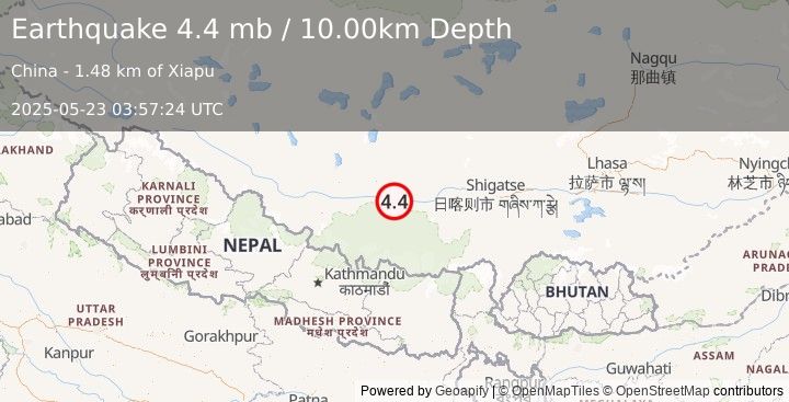 Earthquake 132 km N of Lobuche, Nepal (4.4 mb) (2025-05-23 03:57:24 UTC)