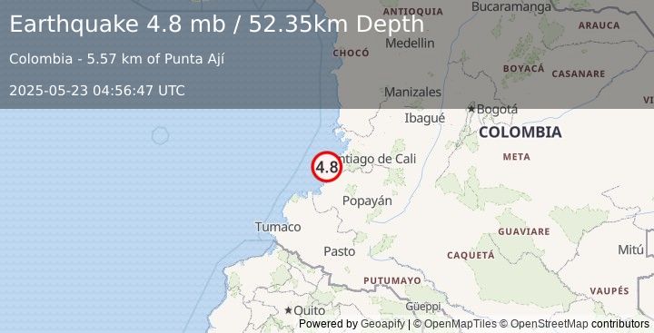 Earthquake 54 km N of Timbiquí, Colombia (4.8 mb) (2025-05-23 04:56:47 UTC)