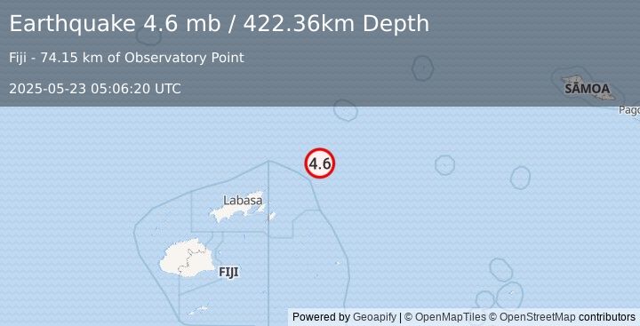 Earthquake 152 km SSW of Leava, Wallis and Futuna (4.6 mb) (2025-05-23 05:06:20 UTC)