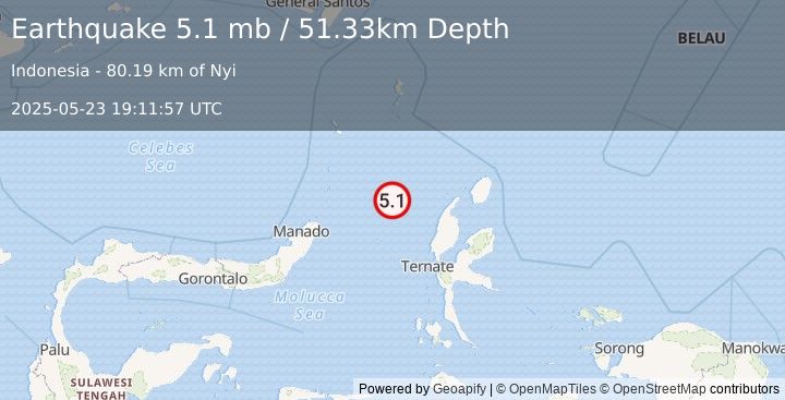 Earthquake 153 km WNW of Tobelo, Indonesia (5.1 mb) (2025-05-23 19:11:57 UTC)