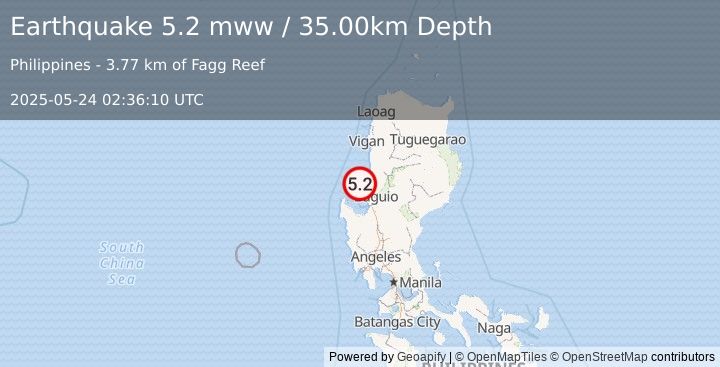 Earthquake 10 km NW of San Fernando, Philippines (5.2 mww) (2025-05-24 02:36:10 UTC)