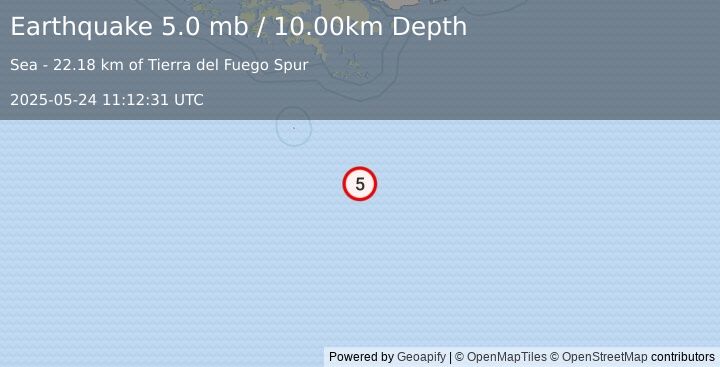 Earthquake 271 km SSE of Ushuaia, Argentina (5.0 mb) (2025-05-24 11:12:31 UTC)
