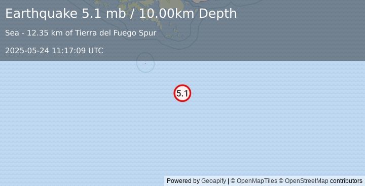 Earthquake 277 km SSE of Ushuaia, Argentina (5.1 mb) (2025-05-24 11:17:09 UTC)